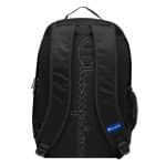 a black backpack with white text on it