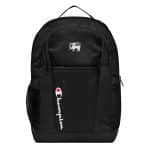 a black backpack with a logo