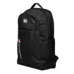 a black backpack with a white logo