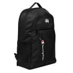 a black backpack with a white logo