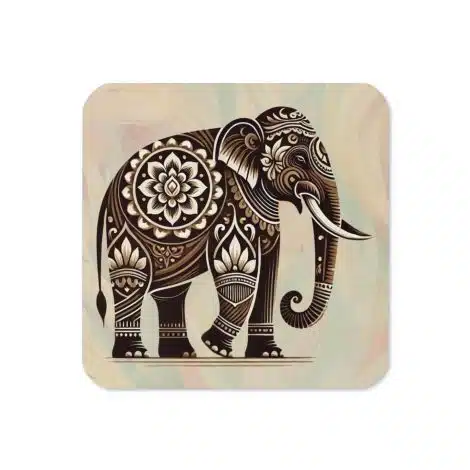 Close-up of Sri Lankan Merch Cork-back Coaster with mandala design