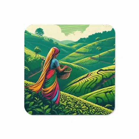 a woman in a colorful dress carrying a basket in a tea plantation
