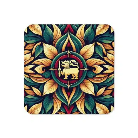 a square coaster with a pattern of leaves and an animal