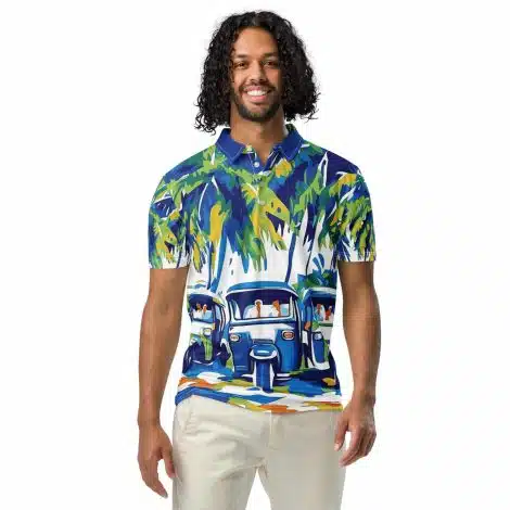 Men's slim fit Sri Lankan polo shirt featuring traditional tuk-tuk artwork