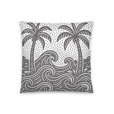 Ocean Waves and Palm Trees Pillow against neutral background