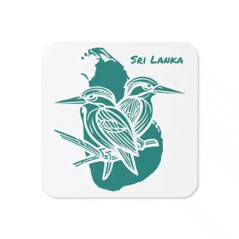 Sri Lankan Kingfisher Coaster Daylight on a timber coffee table, high‑gloss finish catching light