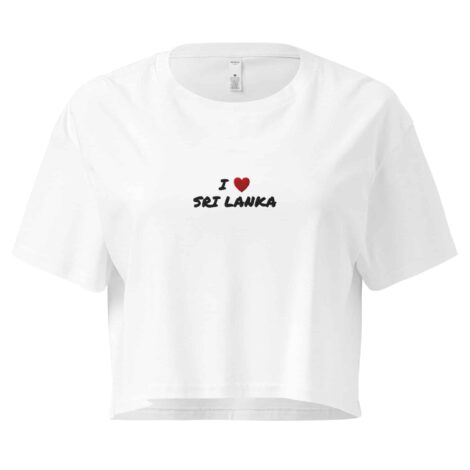 Close-up of the 'I Love Sri Lanka' embroidery detail on the crop top.